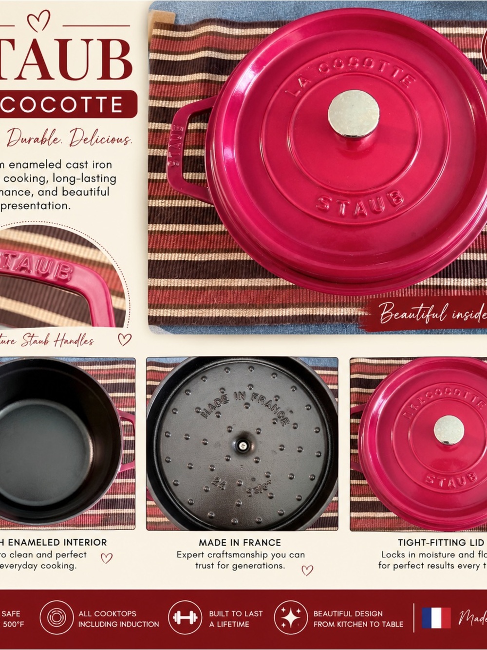 Staub Pink Red Enameled Cast Iron Cocotte with Silver Knob